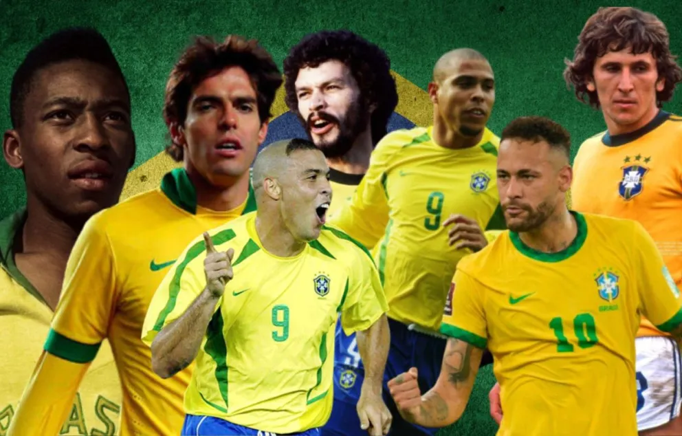 10 Lendas dos jogadores brasileiros KAKÁ, SOCRATES, RIVALDO, ZICO, GARRINCHA, ROMÁRIO, RONALDINHO, RONALDO, NEYMAR, PELÉ,